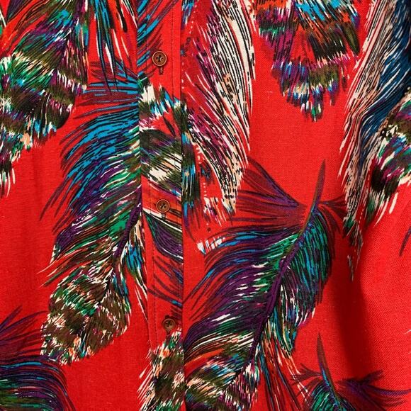 Red Linen Feather Print Bitton Up Blouse Women’s Size Medium - Picture 6 of 7